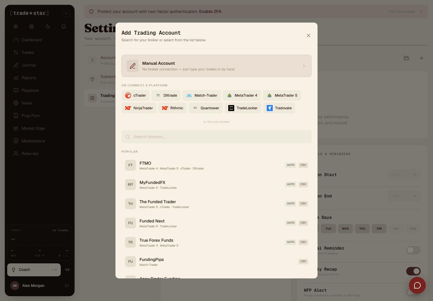 The Add Trading Account modal, showing the platform grid and searchable broker list