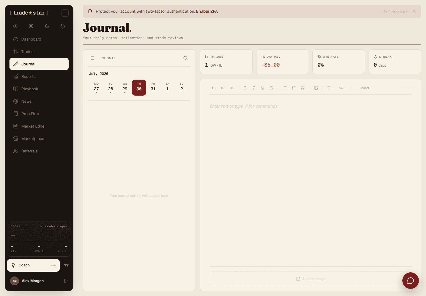 The Journal page: a weekly calendar strip, day KPIs, and the rich-text editor