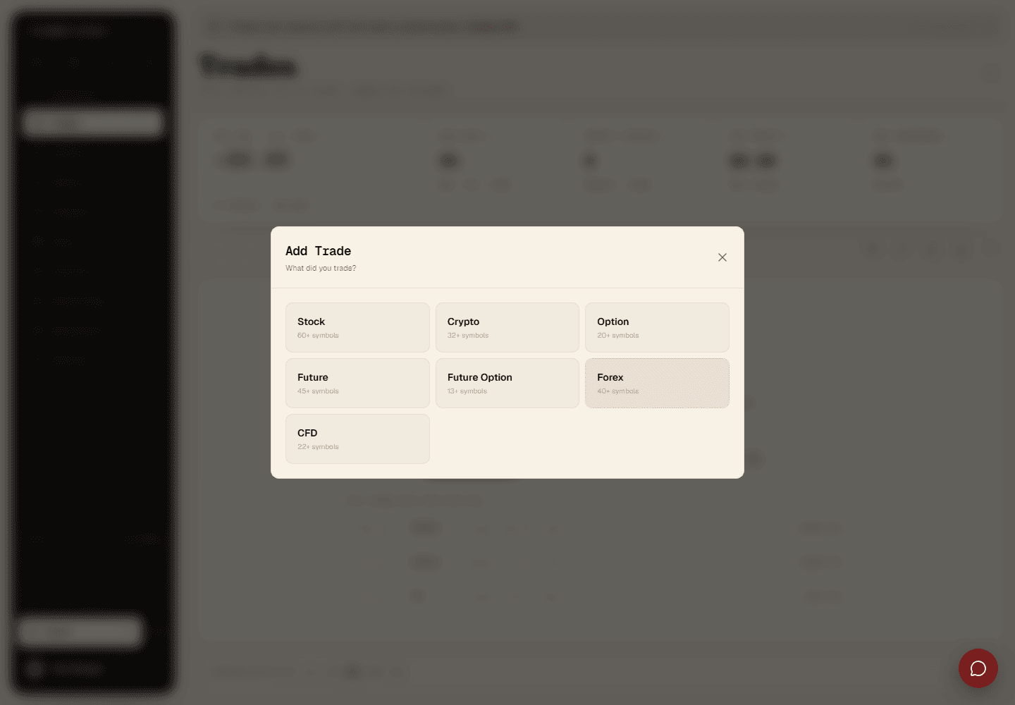 The Add Trade dialog's asset-class picker: Stock, Crypto, Option, Future, Future Option, Forex, CFD