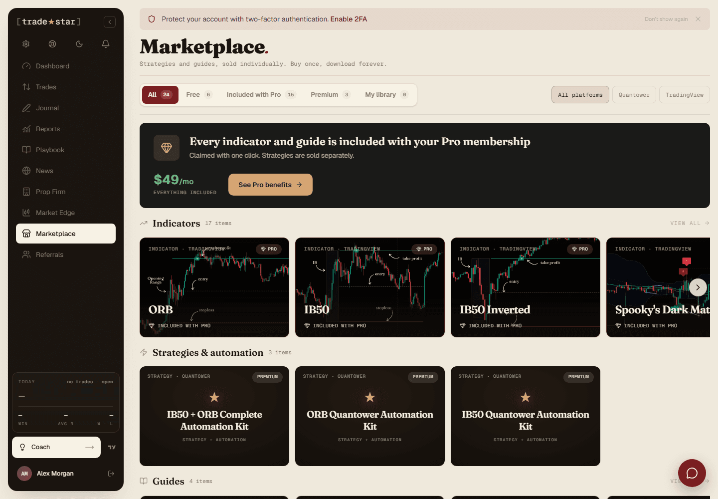 The Marketplace grid: indicators, strategies & automation, and guides, filterable by platform