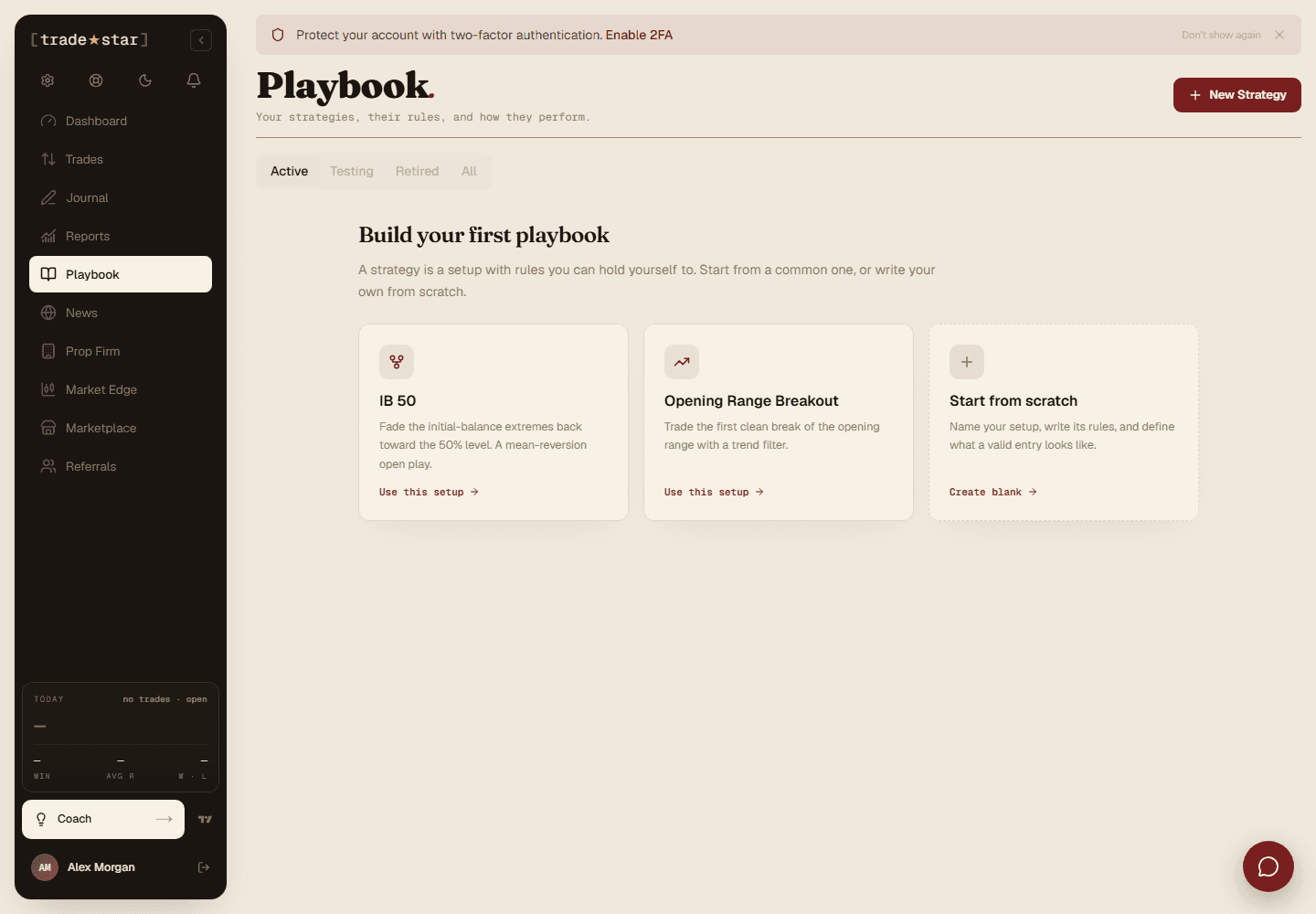 The Playbook page's empty state, with starter templates (IB 50, Opening Range Breakout) and Start from scratch