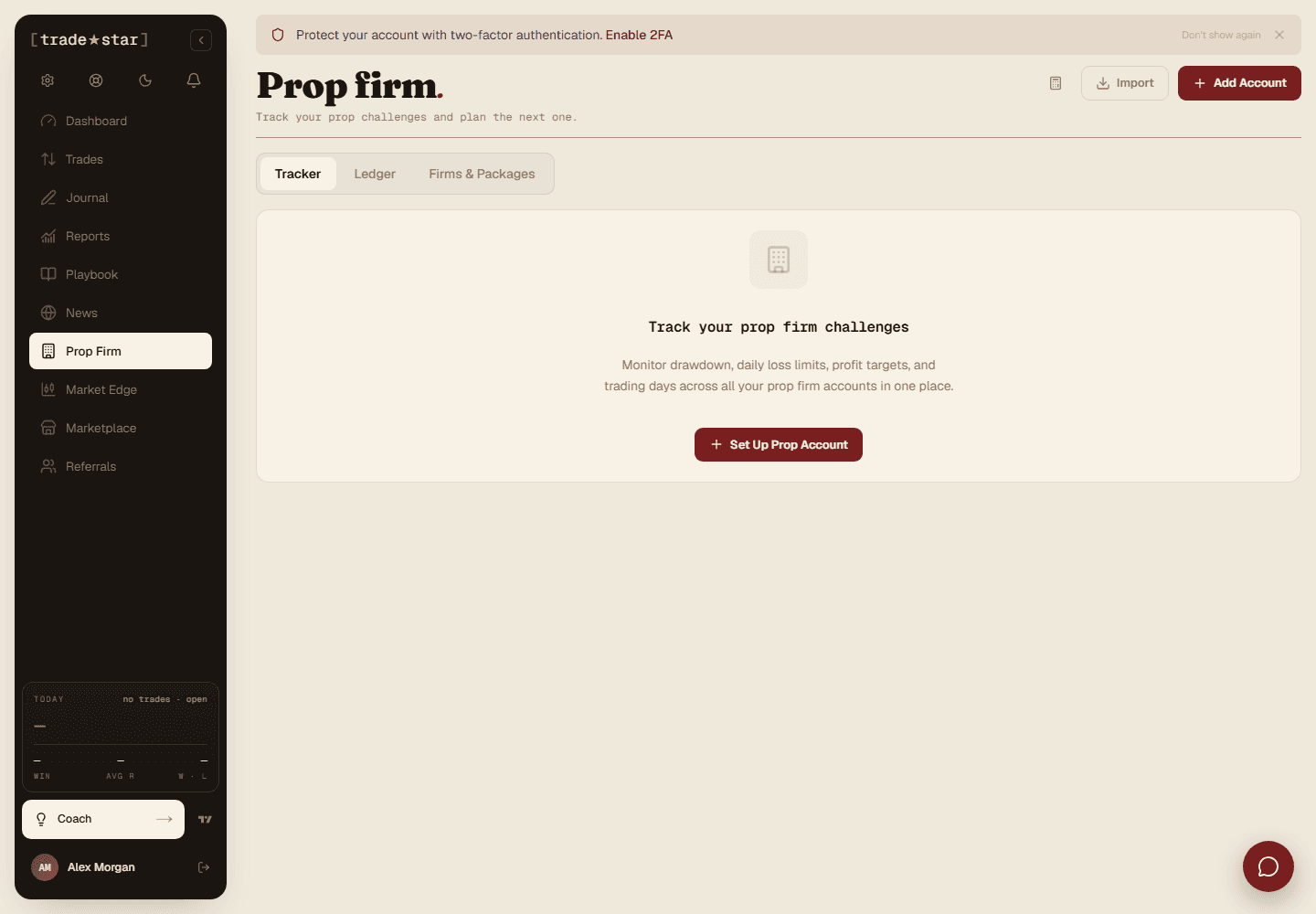 The Prop Firm page's empty state, with the Set Up Prop Account CTA