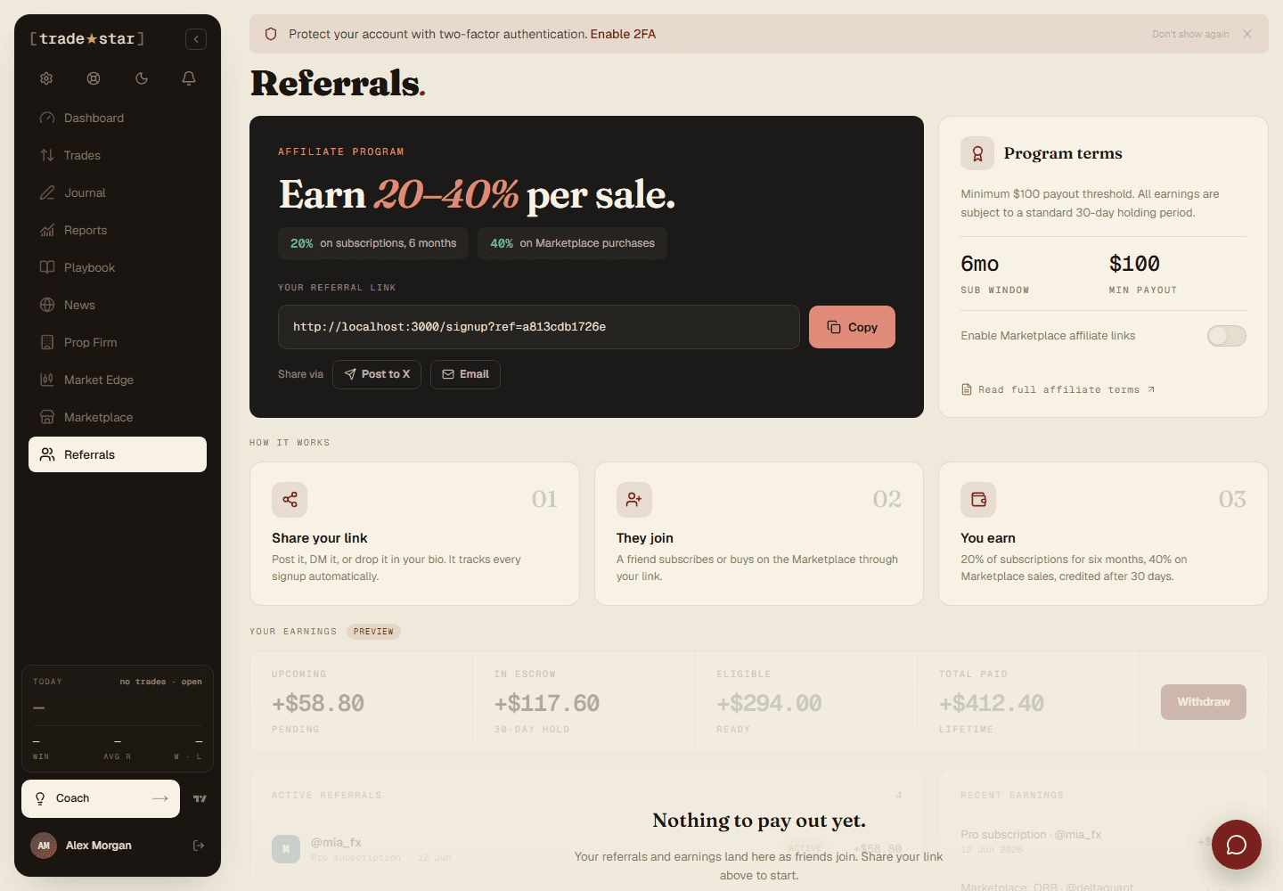 The Referrals page: your link, program terms, and running earnings totals