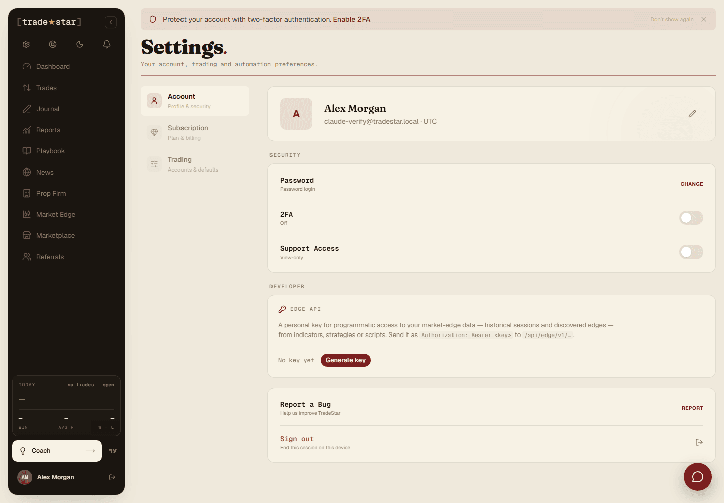 The Settings page's Account tab: profile card, Security section, and the Edge API key generator