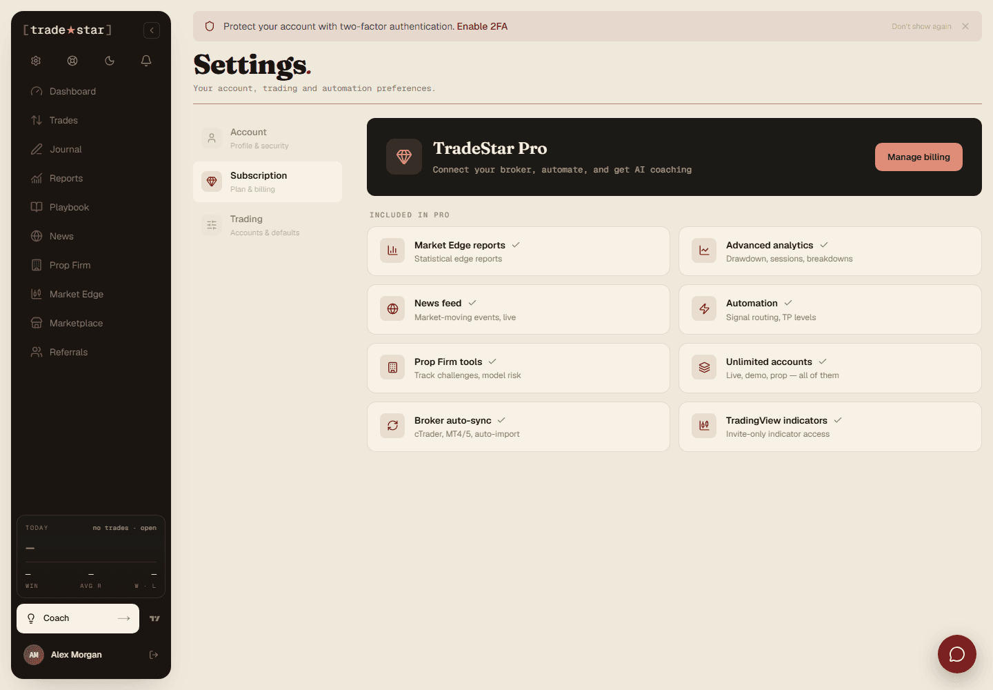 The Settings Subscription tab, showing the Pro plan and everything it includes