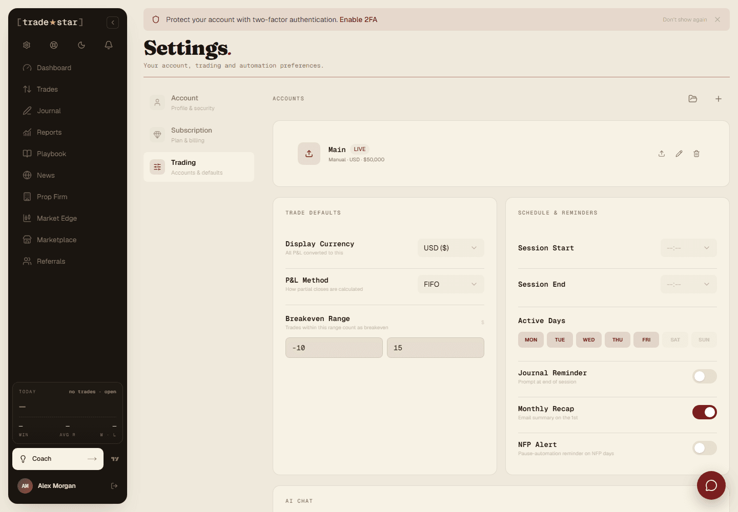 The Settings Trading tab: Trade Defaults and Schedule & Reminders