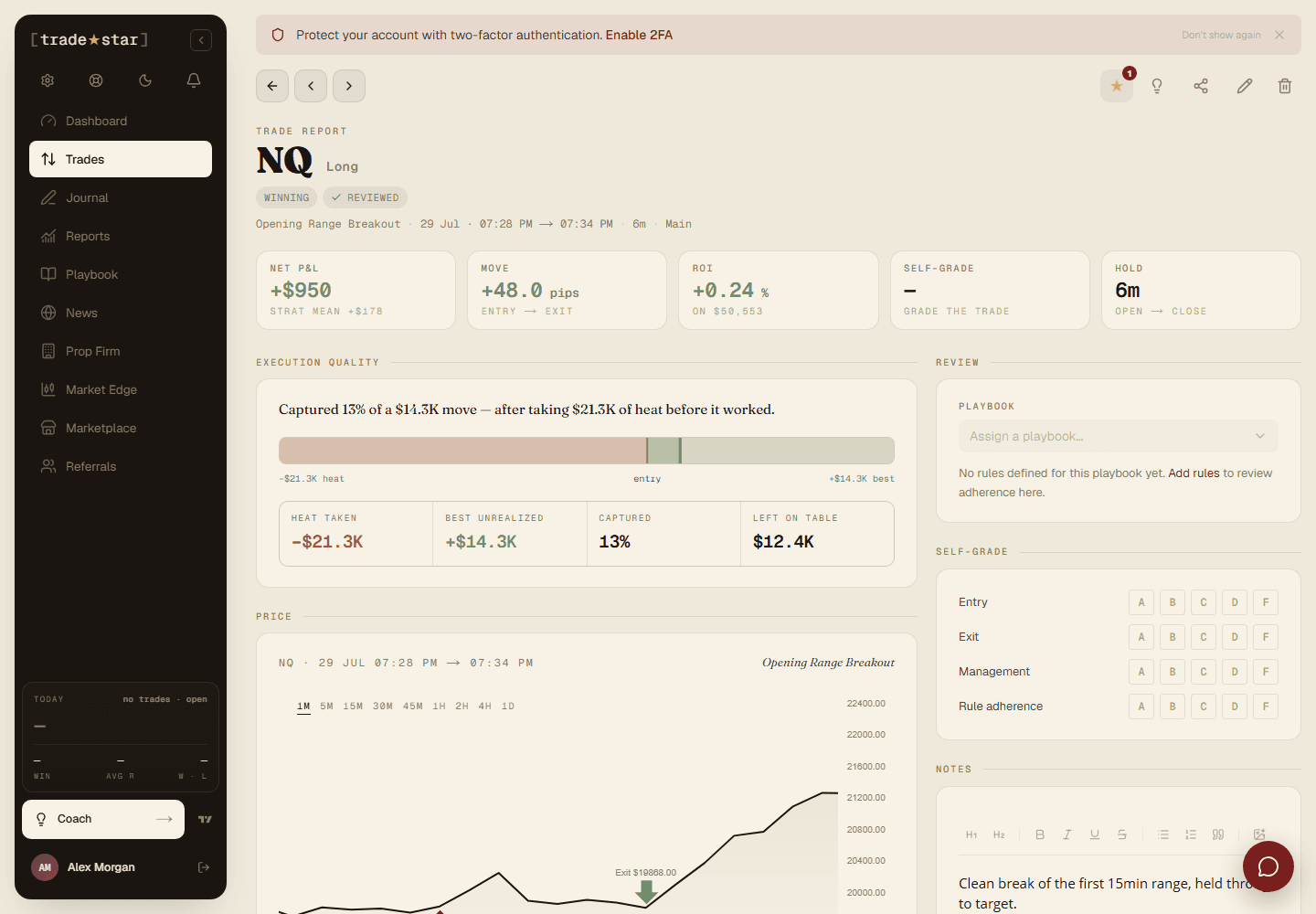 A real trade detail page: chart, fills, outcome, plan vs reality, conditions, all metrics, and a Coach callout