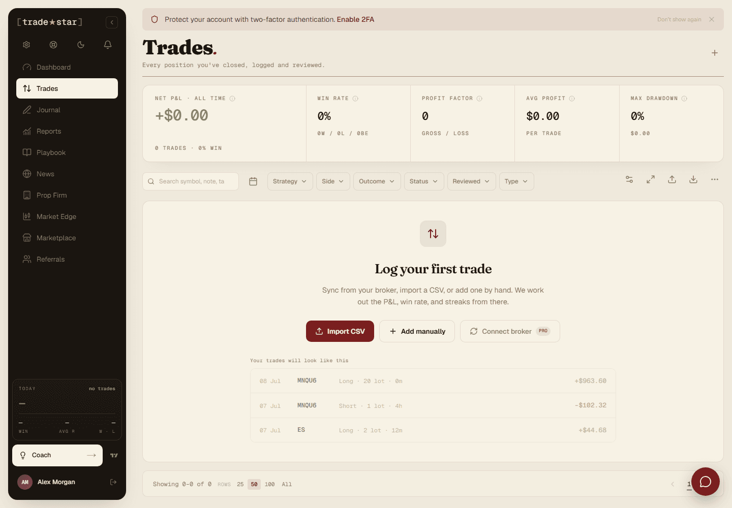 The Trades page's empty state, with Import CSV, Add manually, and Connect broker buttons